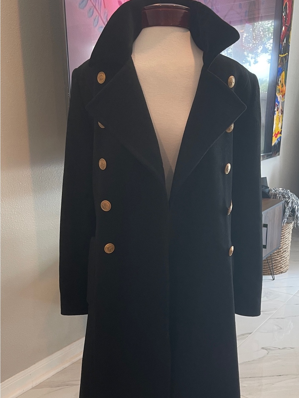 Vintage Liz Claiborne Women Black Double-Breasted Wool Coat, Gold Buttons Sz 12